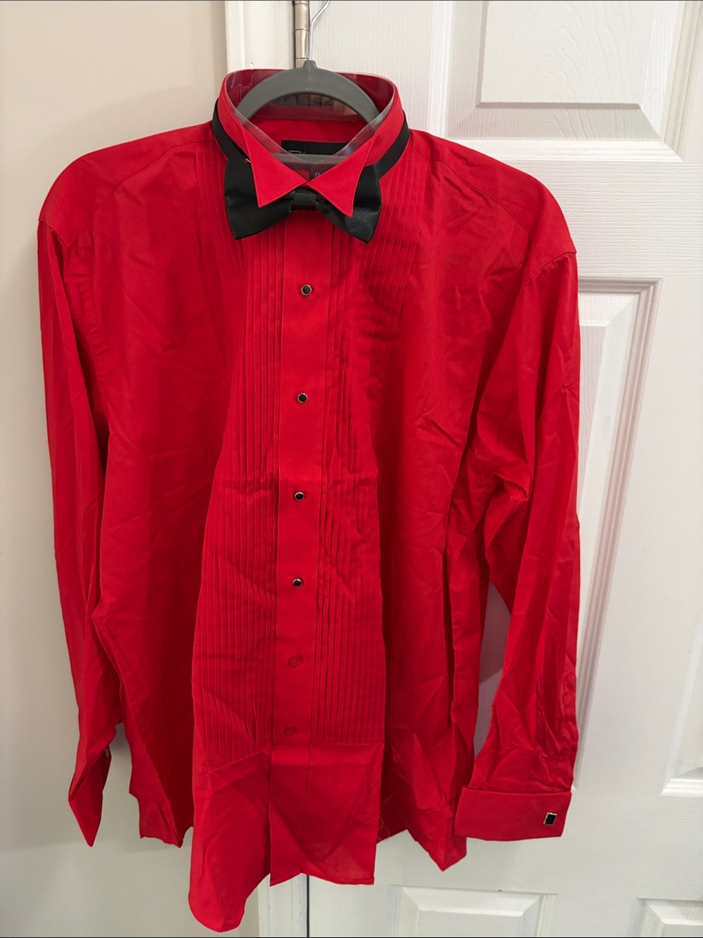 Men's Red Tuxedo Dress Shirt with Black Bow tie / Cufflinks and Button studs inc
